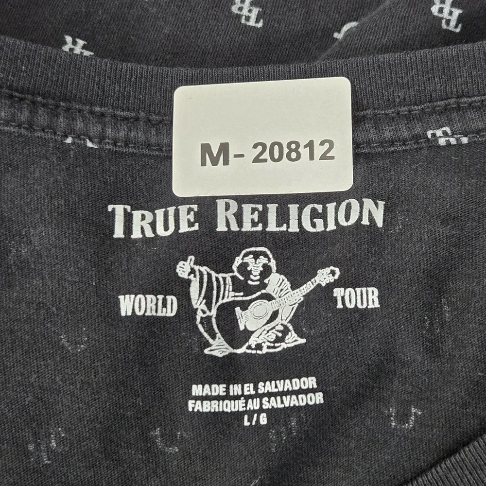 True Religion Men Shirt L Black Graphic All Over Monogram‎ Logo Short Sleeve